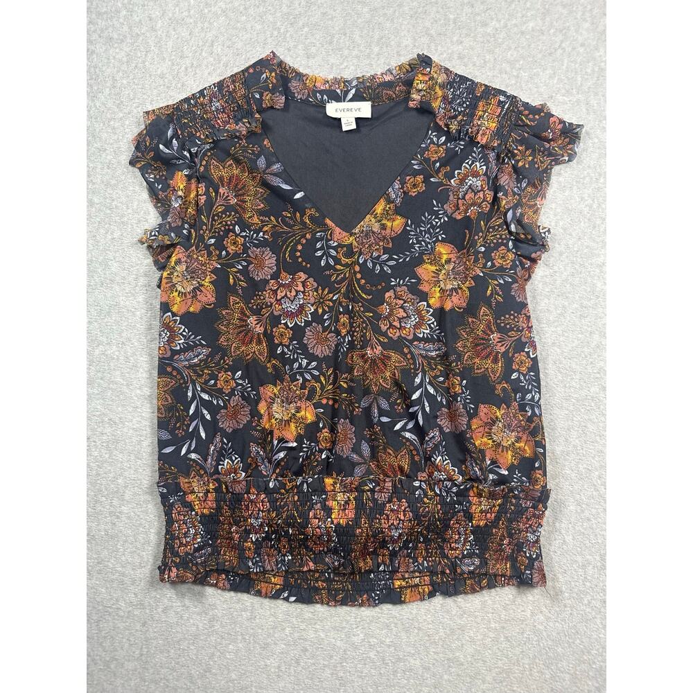 Evereve Earthy Floral V Neck Blouse Women's Large Multicolor Flutter Sleeves - Picture 2 of 6
